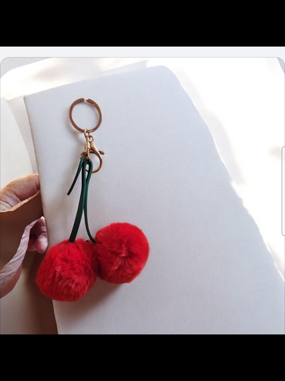 Plush Red Cherry Pom Pom Keychain with Gold Hardware